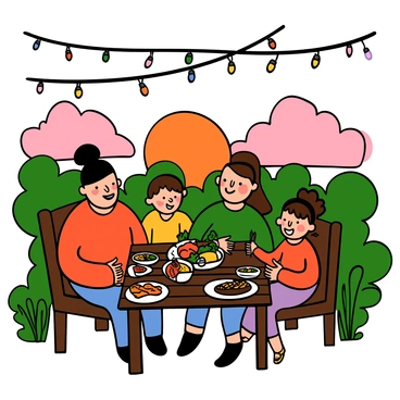 A family of four sitting around a wooden outdoor dinner table, enjoying a meal of moo deng. The father has light skin and short black hair, while the mother has light skin and long brown hair tied back. Their two children, a boy with big eyes and short brown hair, and a girl with big eyes and curly hair, are smiling and laughing. The table is set with a variety of colorful dishes, including grilled meats and fresh vegetables. The sky is painted with shades of orange and pink as the sun sets in the background, casting a warm glow over the scene. The family is surrounded by greenery and the gentle glow of fairy lights hanging above them.