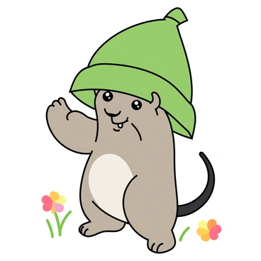 A playful shrew with soft, gray fur and bright, twinkling eyes. It is wearing a unique hat crafted from a large green leaf, which sits jauntily atop its head. The shrew has small, pointy ears that peek out from under the leaf hat. Its tiny paws are raised slightly as if it’s about to scamper away. The background features a few colorful flowers and blades of grass, enhancing the whimsical atmosphere of the scene.