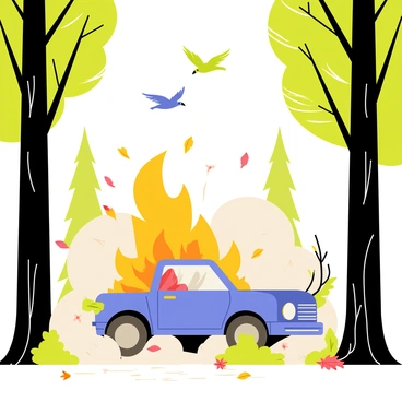 A car explosion in a dense forest, sending birds flying into the sky