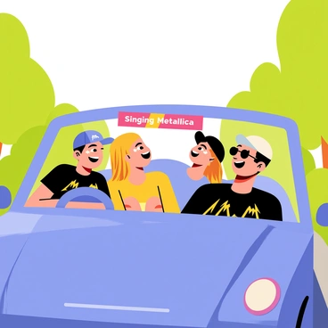 A group of four friends inside a blue car cruising down a sunny highway. The car has its windows rolled down, and the friends have their heads out, smiling and singing along. One friend is wearing a black Metallica t-shirt, while another has a baseball cap on backward. The third friend has long flowing hair, and the fourth is wearing sunglasses. The scenery outside the car consists of green trees and a clear blue sky, creating a lively atmosphere. "Singing Metallica" is depicted on a colorful banner across the windshield.