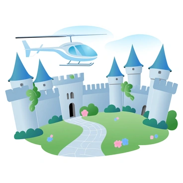 A private helicopter is descending towards the grassy courtyard of a historic castle. The helicopter has a sleek design with a glossy finish and is positioned above cobblestone paths that lead to the castle's grand entrance. Towering stone walls adorned with ivy and intricate turrets surround the area, while vibrant flowers bloom along the edges of the courtyard. In the background, a clear sky adds to the picturesque setting, creating a contrast with the castle's ancient architecture.