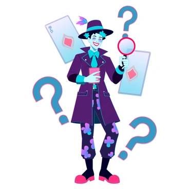 A joker dressed as a detective, featuring a colorful outfit with patterns of purple and green. He wears a classic deerstalker hat, decorated with a playful feather. In one hand, he holds a large magnifying glass, examining a colorful card, which is tucked into his jacket pocket. His face is painted in a mix of vibrant colors, with a wide grin and exaggerated features. The joker stands in a dynamic pose, with a playful glint in his eye, surrounded by scattered playing cards and a whimsical background of oversized question marks.