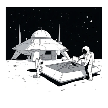 A white moon base station stands prominently on the lunar surface, showcasing futuristic architecture with domes and satellite dishes. Two astronauts in white space suits are engaged in activities around a sleek grey spacecraft that is positioned nearby. One astronaut is checking the spacecraft's control panel, while the other is securing equipment in the storage compartment. The dark lunar sky is scattered with distant stars, providing a dramatic backdrop to the scene. The surface is covered in fine grey dust, with subtle craters adding texture to the landscape.