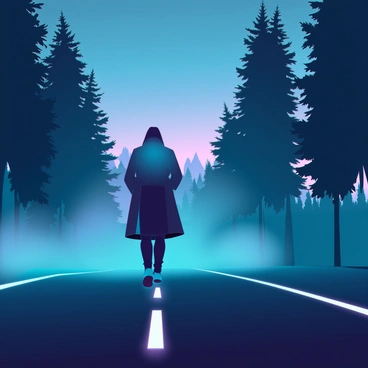 A silhouette of a figure wearing a long coat is walking along a deserted road. The figure is partially obscured by thick fog that swirls around them, creating a mysterious atmosphere. The road stretches ahead, lined with tall, shadowy trees on either side, their outlines softened by the fog. The twilight sky is a deep blue, with hints of purple and orange fading at the horizon as the last rays of sunlight disappear. Dim light from an unseen source casts a subtle glow on the asphalt, enhancing the eerie ambiance of the scene.