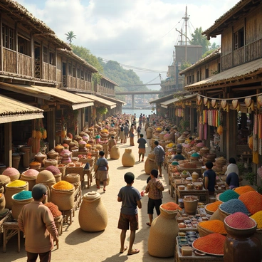 A bustling scene in an ancient ASEAN port town, where traders are exchanging an array of vibrant spices and goods. The port is surrounded by traditional wooden buildings with thatched roofs. Some traders are standing behind large burlap sacks filled with colorful spices like turmeric, saffron, and chili powder, while others are bartering with intricately designed pottery and textiles. A few merchant ships can be seen docked at the harbor, their sails furled. The atmosphere is lively, with the sounds of haggling and laughter filling the air, as the sun casts warm light over the entire scene.