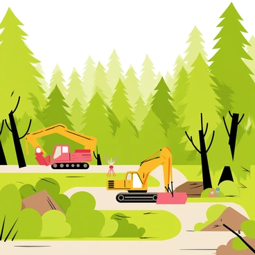 A panoramic view of a dense green forest with tall trees and thick underbrush. In the foreground, a yellow excavator with a large scoop is actively clearing trees and vegetation. Nearby, a red bulldozer is pushing aside fallen branches and debris. In the background, numerous trees stand tall, some showing signs of being cut down, while patches of sunlight filter through the canopy, illuminating the scene. Dust is rising from the ground as the machines continue their work.
