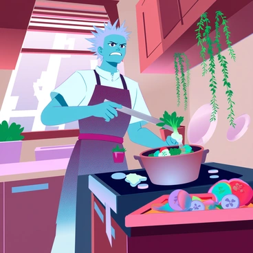A character resembling Sukuna with distinct features, short spiky hair, and a fierce expression, stands in a warm, inviting kitchen. He is wearing a patterned apron over traditional attire. The kitchen is filled with wooden cabinetry and warm lighting, creating a cozy atmosphere. Sukuna is stirring a pot on the stove, filled with colorful fresh vegetables and spices. A cutting board nearby displays sliced ingredients. The walls are decorated with herbs hanging in bundles, and a window shows sunlight filtering in, enhancing the inviting feel of the room.
