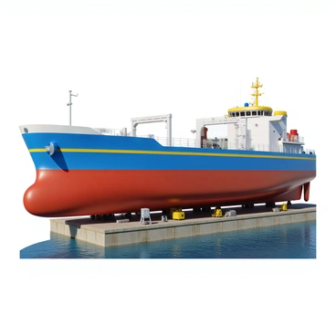 A freshly painted tank barge with bright colors, featuring a vibrant blue hull, red accents, and yellow stripes. The barge is resting in a dry dock, displaying a clean and polished surface. Surrounding the barge, the dry dock shows the concrete walls and supports, with tools and equipment scattered nearby. The sky above is clear, emphasizing the bold colors of the barge. The water is calm, reflecting the vivid hues of the vessel.