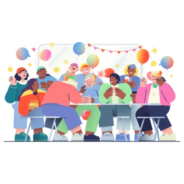 A lively party scene filled with guests who are laughing and having fun. The room is decorated with colorful balloons in various shades of red, blue, and yellow. In the center, a group of people is gathered around a table, leaning forward with expressions of surprise and delight as a few balloons explode from electric shocks. Some guests have their hands raised in excitement, while others are holding their drinks, brimming with joy. The walls are adorned with streamers and party decorations, creating a festive atmosphere for the celebration.