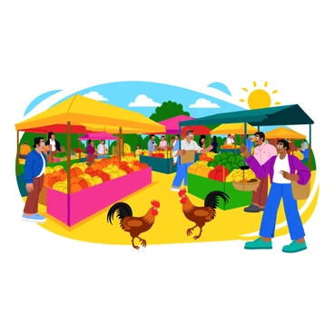 A lively village market scene filled with vibrant colors and activity. Numerous fruit stalls display an array of fresh produce, including apples, oranges, and bananas, all arranged neatly. A rooster with glossy feathers prances among the stalls, its bright red comb standing out against the colorful backdrop. Villagers are seen chatting and interacting, with some inspecting the fruits while others carry woven baskets. The sun casts a warm light over the market, enhancing the cheerful atmosphere.