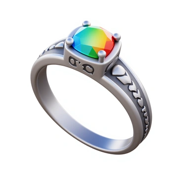 A ring featuring a central gemstone that shifts in color, showcasing hues of red for fire, blue for water, green for earth, and yellow for air. The band of the ring is intricately designed with elemental symbols engraved along its surface. The gemstone is prominently set in a polished silver or gold setting that enhances its brilliance. The light reflects off the facets of the gemstone, creating a mesmerizing display of colors that change as if responding to the environment.