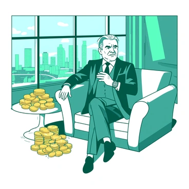 A teal greedy mogul with a smug expression is sitting on a plush white sofa in a modern skyscraper. The mogul is dressed in an expensive tailored suit and has a diamond-encrusted watch on his wrist. Surrounding him are piles of gold coins and stacks of gold bars, glinting in the light. In the background, large windows reveal a sprawling city skyline, and the room is adorned with lavish decor that enhances the sense of wealth. The atmosphere radiates opulence and excess.