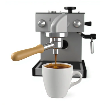A metallic portafilter with a shiny chrome surface is positioned at an angle, with steam visibly escaping from the spout. Hot espresso streams out of the portafilter, forming a rich, dark liquid that cascades into a white ceramic cup below. The espresso has a golden crema on top, indicating freshness and quality. The background features a blurred espresso machine with various controls and levers, enhancing the focus on the brewing process.