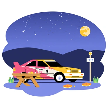 A rally car with a sleek design and bold decals is parked at a rest stop. The car is in vibrant colors, featuring a prominent number on the side. Surrounding the car is a wooden picnic table with a few scattered snacks. The rest stop has a small signpost indicating directions. Above, a clear, starry night sky is filled with twinkling stars and a bright moon, casting a soft glow over the scene. In the background, silhouettes of distant hills can be seen under the night sky.