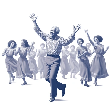 A man resembling Nelson Mandela is engaged in a traditional South African dance. He is wearing a colorful traditional outfit, which includes a patterned shirt and loose-fitting trousers. His arms are raised in the air as he moves energetically, surrounded by a group of dancers who are also performing the dance in unison. The dancers are wearing various traditional attire, featuring vibrant patterns and accessories. The setting includes a background of people watching the performance, all expressing joy and excitement as they celebrate their culture.
