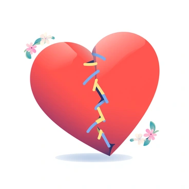 A heart with a deep red color is prominently placed in the center of the image. The heart is stitched back together, with noticeable seams that are threaded in contrasting shades of blue and yellow, highlighting the repairs. The texture of the heart appears glossy and slightly raised where the stitches intersect, adding depth to the visual. Surrounding the heart are small delicate flowers with soft pastel colors, enhancing the overall composition. A subtle shadow is cast beneath the heart, grounding it against a light background.