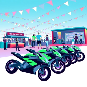 A vibrant festival scene under a clear blue sky filled with colorful banners and flags. In the foreground, a lineup of sleek Kawasaki bikes with glossy green and black finishes, showcasing their aerodynamic designs and chrome accents. Enthusiastic visitors gather around the bikes, admiring their features and taking photographs. Some individuals are wearing casual festival attire, including t-shirts and shorts, while others sport riding gear. A small stage in the background is set up for live performances, with musicians playing and a crowd enjoying the show. Food stalls with bright signage offer various snacks, adding to the lively atmosphere.