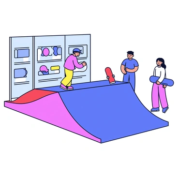 A mini ramp positioned outside a shop, designed for customers to test skateboards. The ramp features a smooth, polished surface and has a bright blue color. It is bordered by safety foam padding in vibrant red. The shop behind the ramp has large glass windows displaying various skateboards and accessories. A couple of customers are standing near the ramp, one wearing a helmet and preparing to ride, while another holds a skateboard and watches attentively.