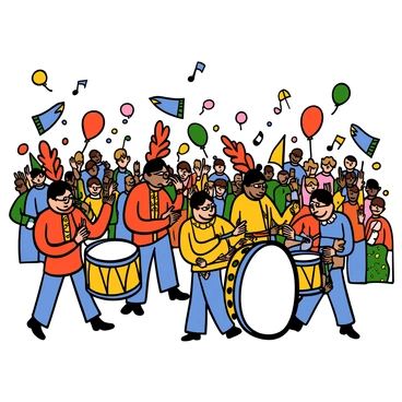 A lively carnival scene with performers drumming on a colorful drum kit as part of a parade. The performers are wearing vibrant costumes featuring feathers and sequins in bright colors like red, yellow, and blue. There are several drummers, each focused on their instruments, creating a rhythmic atmosphere. The crowd in the background is filled with people enjoying the festivities, some waving flags and others dancing. Colorful decorations and balloons are scattered throughout the scene, adding to the festive ambiance.