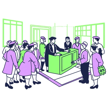 A crowded colonial courtroom is filled with people during the trial following the Boston Massacre. In the foreground, several men in tricorn hats and formal coats are engaged in heated discussions. To the side, a group of women in modest dresses watch intently, their expressions a mix of concern and curiosity. At the center of the room, a judge in a black robe sits elevated at a wooden bench, looking sternly at the proceedings. The walls of the courtroom are adorned with wooden paneling, and large windows allow light to stream in, casting shadows across the floor. In the background, a few soldiers in uniforms stand near the door, observing the crowd with solemn expressions. The atmosphere is tense, filled with the weight of the historical moment.