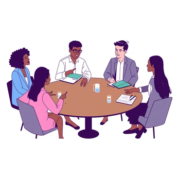 A roundtable discussion features a group of managers from diverse backgrounds. In the center, there is a large round table made of polished wood. Each manager is seated around the table, engaged in conversation. A woman of African descent has short curly hair and wears a blue suit, gesturing while speaking. Next to her, an Asian man in a white shirt with rolled-up sleeves listens intently, taking notes on a teal notebook. An Hispanic woman with long straight hair in a pink dress shares her thoughts, while a Caucasian man with glasses, wearing a gray blazer, nods in agreement. A small glass of water is placed in front of each manager on the table, along with a few pens. The setting is well-lit, creating a sense of focus and collaboration among the participants.