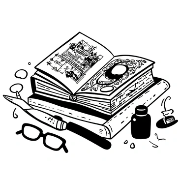 A closed book positioned on a wooden table, with its cover decorated in intricate, vintage patterns. The book's pages are slightly fanned open, revealing detailed illustrations of historical scenes and ornate designs in black and white. Surrounding the book are scattered antique tools such as a quill pen, an ink bottle, and a pair of reading glasses. The table has a rich texture, showing signs of age, enhancing the vintage feel of the composition.