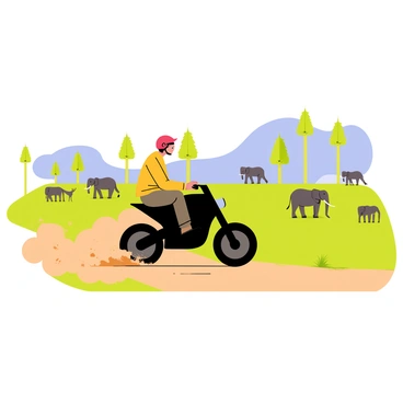 A biker wearing a red helmet is drifting on a dirt trail through a safari park. The biker is positioned on a sleek black motorcycle, sending up a cloud of dust as the tires slide. In the background, there are silhouettes of tall acacia trees against a bright blue sky. Distant wildlife, including a group of elephants and a few grazing antelopes, can be seen in the lush green grasslands. The sun casts warm light over the scene, highlighting the vibrant colors of the park.