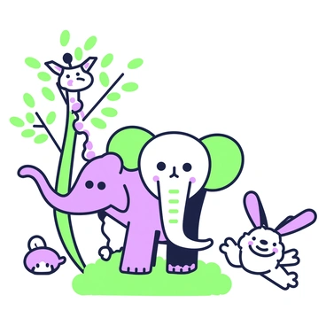 A collection of whimsical animals is gathered together in a lively composition. In the center, there is a green-and-purple outlined elephant with large ears, standing on a grassy patch. To the left, a playful giraffe with an elongated neck is reaching towards a tree, whose branches are adorned with green-and-purple outlined leaves. On the right side, a small, furry rabbit with big ears is hopping playfully. Each animal displays a unique expression, contributing to the overall sense of fun and movement in the scene.