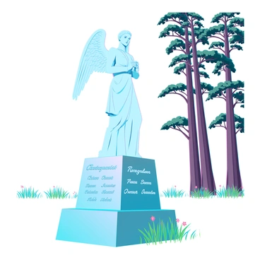 A graceful angel statue with delicate wings and a serene expression is standing on a raised pedestal. The statue is carved from white marble, displaying intricate details, such as flowing robes and a gentle gaze. Surrounding the pedestal, there are lush green grasses and small, colorful flowers that add life to the scene. The statue is positioned above a well-maintained grave with a polished granite headstone, inscribed with names and dates. In the distance, tall, aged trees provide a natural backdrop, their leaves rustling softly in the breeze. The atmosphere is peaceful, with soft sunlight filtering through the branches.