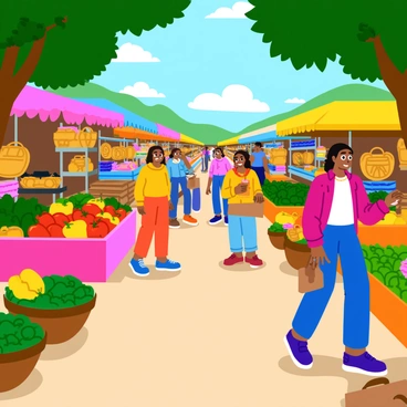 A bustling open-air market filled with colorful stalls. Each stall is overflowing with fresh produce, including bright red tomatoes, yellow bell peppers, and green leafy vegetables. Handmade goods such as woven baskets, ceramic pots, and intricate jewelry are displayed attractively. Shoppers of different ages are seen exploring the market, examining goods and engaging with friendly vendors. Sunlight filters through a canopy of leaves overhead, casting dappled light on the lively scene.