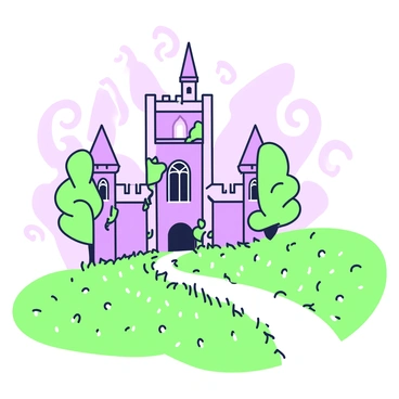 A castle with tall spires and intricate stonework is half-hidden by swirling mist. The castle features large arched windows and a towering entrance. Surrounding the castle, lush green trees stretch towards the sky, their leaves partially obscured by fog. Creepily twisted vines climb the castle walls, adding to the mysterious atmosphere. In the foreground, a winding path leads through a field of grass, partially covered in a light mist, guiding the viewer's eye towards the castle. The entire scene is enveloped in an ethereal ambiance, creating a sense of intrigue and magic.