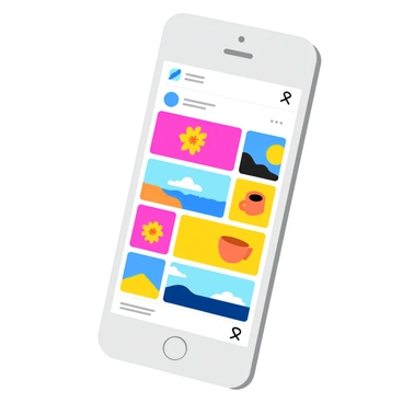 A minimalist Instagram feed displayed on a smartphone screen. The feed features a series of posts arranged in a grid format, showcasing a clean design. Each post contains simple, pastel-colored backgrounds, with soft hues of pink, blue, and yellow. The posts include various images such as a delicate flower, a tranquil landscape, and a neatly arranged coffee cup. The overall layout is visually balanced, with ample white space surrounding each post, creating an uncluttered appearance.