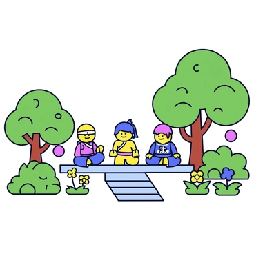 A tranquil garden featuring a variety of plants, flowers, and trees. In the center, there is a stone path leading to a small stone platform. On this platform, several Ninjago characters are seated in a meditation posture. Each character has their distinctive appearance and outfit, showcasing their unique colors and designs. Surrounding the platform are green bushes and colorful blooming flowers. A gentle breeze causes the leaves to rustle slightly, enhancing the peaceful atmosphere of the scene.