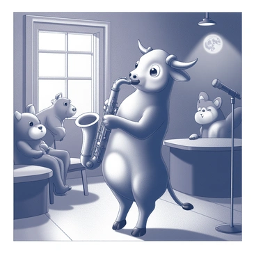 A cow standing on its hind legs, playing a saxophone. The cow has large, expressive eyes and a glossy coat, with its ears perked up as it focuses on the music. The setting is a small jazz club with dim lighting, featuring a stage where the cow performs. The background includes a small audience of various animals, all engaged and enjoying the performance. The scene is illuminated by soft, moonlight filtering through a nearby window, casting gentle shadows on the wooden floor. A microphone stands nearby, adding to the musical ambiance.