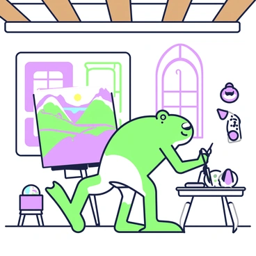 A frog is standing on its hind legs in an old-fashioned studio. It is holding a paintbrush in its right hand while the left hand rests on the easel. The easel displays a landscape painting featuring rolling hills, a river, and a bright sky, all in progress. The studio has wooden beams on the ceiling, and the walls are lined with various art supplies such as paint tubes and brushes. A palette with vibrant colors is on a small table nearby, reflecting the frog's artistic endeavors. A window lets in natural light, illuminating the workspace.