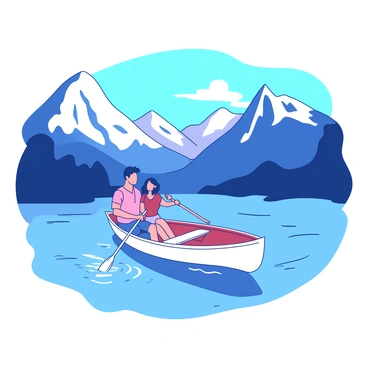 A couple is rowing a small boat across a tranquil lake. The boat is a simple wooden design with a smooth surface glistening in the light. The couple consists of a man and a woman, both wearing casual clothing suitable for a day on the water. The man holds one oar while the woman uses another, both of them appearing engaged in their activity. Surrounding the lake are stylized mountains rendered in a digital art style, showcasing sharp angles and bold lines, creating a dramatic backdrop. The mountains vary in height, some are towering and majestic, while others are more subdued, all illustrated with a blend of vibrant colors to evoke depth. The sky above is clear and blue, enhancing the peaceful ambiance of the scene.
