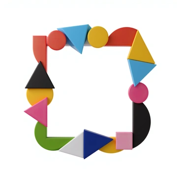 A vibrant frame created from overlapping geometric shapes including triangles, circles, and squares. The shapes display a range of strong colors such as red, blue, yellow, and green. Each shape has distinctly sharp edges and transparent areas where they overlap, creating a dynamic visual effect. The composition is balanced with a mix of large and small shapes interspersed throughout the frame, enhancing the lively appearance.