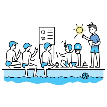 A water polo team gathered on the poolside during halftime. Several players, wearing blue caps with their team logo, are sitting on the edge of the pool, their legs dangling in the water. They are engaged in an animated discussion, pointing towards a whiteboard with tactics sketched on it. The coach, standing beside them, is gesturing emphatically while holding a clipboard. The sun is shining down, creating reflections on the water. A few towels and water bottles are scattered around the poolside, and a vibrant blue water polo ball is resting nearby.