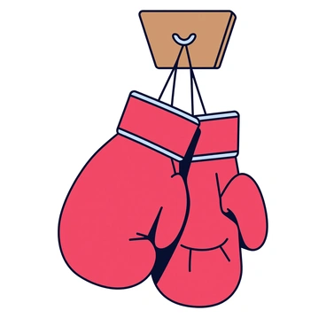 A pair of worn-out boxing gloves, faded and scuffed, hanging from a simple metal hook. The gloves are dark red with noticeable creases and marks, indicating their frequent use. The hook is mounted on a wooden wall, adding a rustic touch to the scene. The background is plain, drawing focus to the gloves.