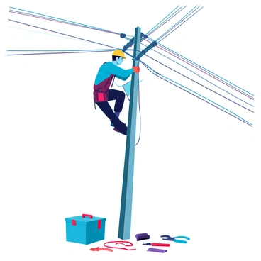 An electrician with medium skin tone and short black hair is perched on a utility pole, focused on fixing a bundle of wires. He is wearing a yellow hard hat, a blue work shirt, and orange safety gloves. Around him, various tools are scattered on the ground, including a toolbox, pliers, and wire cutters. The sky is bright and clear, enhancing the scene's clarity. The utility pole is tall and weathered, with numerous wires extending in different directions.