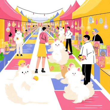 A bustling market scene filled with colorful tents and stalls. Several "moogles" with fluffy white fur and large ears are engaged in selling "exotic goods" like vibrant fruits, sparkling trinkets, and ornate fabrics. One moogle is holding a "brightly colored fruit" while another displays a collection of "intricate jewelry." The market is lively with various "customers" interacting with the moogles, creating an atmosphere of excitement and trade. The ground is lined with "colorful rugs" that add to the vibrant setting.