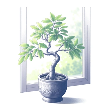 A miniature amla bonsai tree with small, lush green leaves is carefully shaped and maintained. It stands in a decorative pot featuring intricate patterns and designs. The pot is placed on a sunny windowsill, where the light casts soft shadows. The background includes the subtle outlines of the window frame and a view of the outdoors, suggesting a vibrant garden beyond.