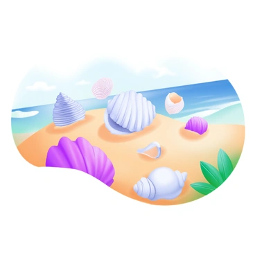 A beach scene featuring a collection of "7 seashells" arranged neatly on the sand. Among the shells, there are various types, including spiraled conchs, flat scallops, and smooth clams. In the foreground, "3 shells" are partially buried in the sand, showcasing their textures and colors. The sun shines down, casting small shadows of the shells onto the warm, golden sand. The ocean waves can be seen gently lapping at the shore in the background, enhancing the tranquil beach atmosphere.