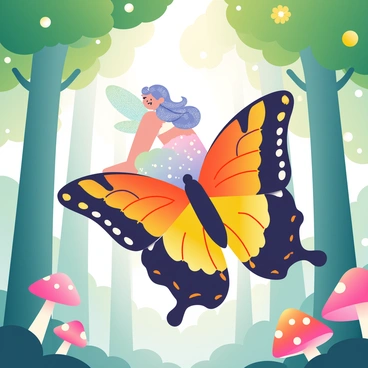 A tiny fairy with sparkling wings is sitting on the back of a large, vibrant butterfly. The fairy has long, flowing hair that glimmers in shades of lavender and silver. She is wearing a delicate dress made of petals in soft pastel colors, and her wings are adorned with intricate patterns. The butterfly has bright orange and black wings, with its body reflecting hints of iridescent green. Surrounding them is a magical forest filled with tall, lush trees that have emerald green leaves and glowing flowers. Dappled sunlight filters through the canopy, creating a warm and inviting atmosphere. In the background, whimsical mushrooms in varying sizes and colors add to the enchanting scenery.