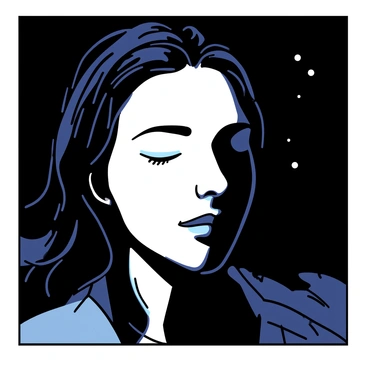 A face is illuminated by soft moonlight, with delicate features highlighted by the light. The moonlight casts dramatic shadows across one side of the face, creating a stark contrast between light and dark areas. The person's expression is calm, with eyes slightly closed, suggesting a moment of peace. The background is blurred and dark, enhancing the focus on the face and the play of shadows created by the moonlight.
