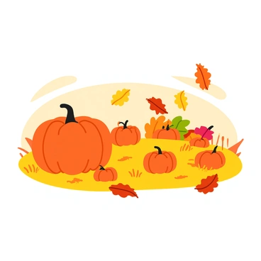 A cozy autumn scene featuring an array of colorful falling leaves in shades of red, orange, and yellow. There are several plump pumpkins scattered across the ground, each with varying sizes and bright orange hues. The pumpkins are surrounded by patches of dry grass and small twigs. In the background, there are trees with vibrant autumn foliage, creating a warm and inviting atmosphere. A soft breeze ruffles the leaves as they dance gracefully to the ground.