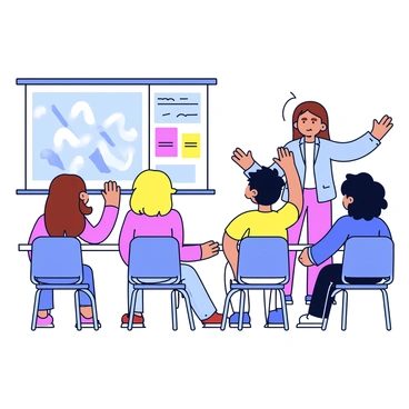 A group of four students sitting at their desks in a classroom. Two students have brown hair, one has blonde hair, and one student has black hair. They are all facing the front, where a teacher stands next to a whiteboard. The teacher has short hair and is wearing glasses. The students have their hands raised, ready to answer questions. The classroom has a large window with sunlight streaming in and a few colorful educational posters on the walls.