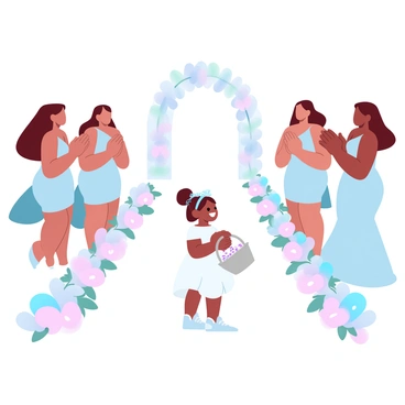 A group of bridesmaids dressed in matching pastel-colored dresses is gathered to the side of an aisle. They are smiling and clapping their hands while watching a small girl in a white dress with a floral headband walk down the aisle. The flower girl is holding a basket filled with petals and looks excited as she takes each step. Colorful flower arrangements decorate the sides of the aisle, creating a festive atmosphere. A large arch adorned with flowers is visible at the front of the aisle.