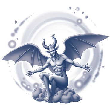 A detailed representation of "Baphomet" seated in a powerful pose. The figure has large, intricately designed wings spread wide. Surrounding the figure are "swirling galaxies" and "stars," creating a dynamic cosmic setting. The background is filled with a variety of celestial shapes and patterns that evoke a sense of vastness. The overall scene conveys a sense of mystery and depth, highlighting the connection between the figure and the cosmic elements.