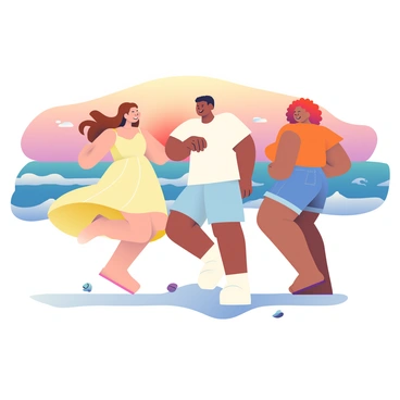 A small group of three friends is dancing together on the beach during sunset. The first friend, a woman with long wavy brown hair, is wearing a light yellow sundress that flows with her movements. The second friend, a man with short black hair, is wearing a white t-shirt and light blue shorts, moving energetically with a big smile. The third friend, a woman with curly red hair, is dressed in a vibrant orange top and denim shorts. The sky is filled with shades of orange, pink, and purple as the sun sets on the horizon, and the ocean waves gently lap at the shore. Their shadows are cast on the sand, and scattered seashells are visible around their feet.